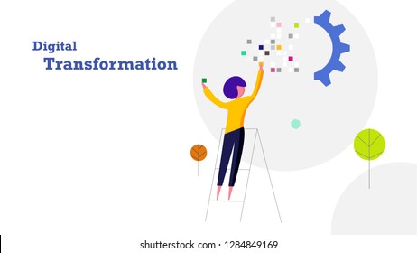 Digital Transformation Flat Design Background. Human Fill In Pixel Data Sticker To Industrial Gear Train. Industry 4.0 And Technology Concept.