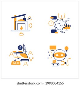 Digital transformation flat icons set. Robot, free air taxi, software, industry 1.0. Modern technologies. Digitalization.Digital revolution concept. Vector illustrations