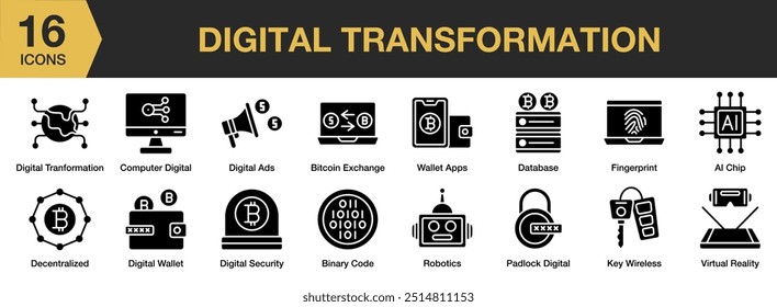 Conjunto de iconos de glifo de transformación digital. Incluye descentralizado, huellas dactilares, candado, robótica, App de billetera y más. Colección de Vector de iconos sólidos.