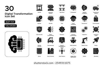 Conjunto de ícones de glifo de transformação digital: IA, Big Data, integração IoT e ícones de avanços tecnológicos