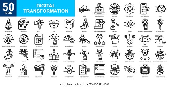 Digital Transformation icon collection set. Management, product management, business continuity, management service, process improvement icon. Simple line vector.