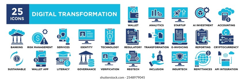 Conjunto de coleta de ícone Transformação Digital. Contendo tecnologia de design, inovação, digital, negócios, informações	