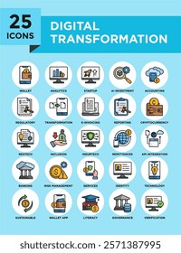 Digital Transformation icon collection set. Containing design technology, innovation, digital, business, information	