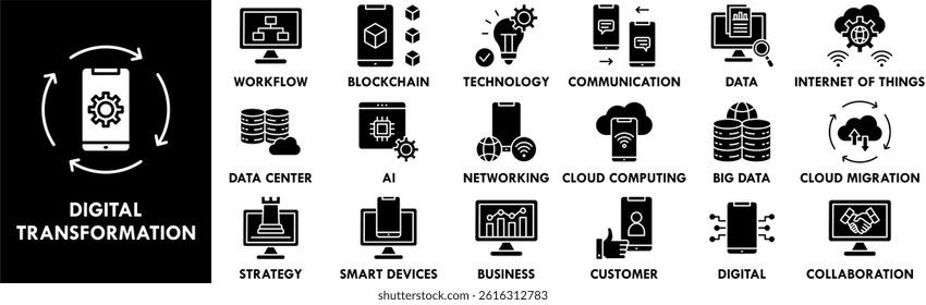 Digital Transformation icon collection set. Containing design technology, business, digital, innovation, communication