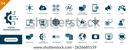 Digital transformation icon. Containing information technology, cloud storage, electronic records, remote work, artificial intelligence, e-commerce. Solid vector icon set.