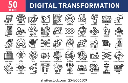 Sammlung von Symbolen für die digitale Transformation. Einfacher Zeilenvektor