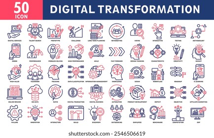 Coleção de Conjuntos de Ícones de Transformação Digital. Vetor de Cor de Linha Simples