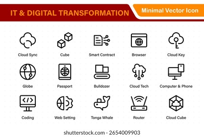 IT and Digital Transformation Icon Set. Collection of High‑Quality Information Technology Icons. Industry 4.0, Big Data, AI, and Tech Progress Symbols.