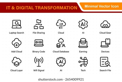 IT and Digital Transformation Icon Set. Collection of High‑Quality Information Technology Icons. Industry 4.0, Big Data, AI, and Tech Progress Symbols.