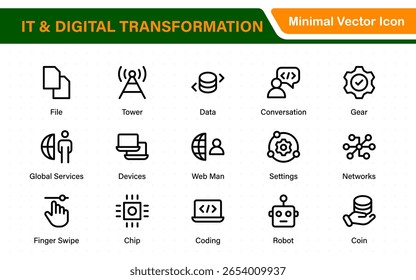 IT and Digital Transformation Icon Set. Collection of High‑Quality Information Technology Icons. Industry 4.0, Big Data, AI, and Tech Progress Symbols.