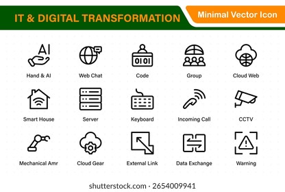 IT and Digital Transformation Icon Set. Collection of High‑Quality Information Technology Icons. Industry 4.0, Big Data, AI, and Tech Progress Symbols.