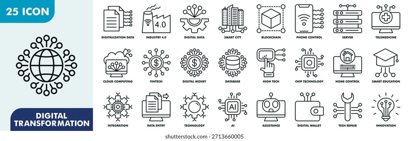 Digital Transformation Icon Set Collection. Consist Of Digitalization Data, Industry 4.0, Digital Data, Smart City, Phone Control, Server, Telemedicine. Simple Outline Vector Illustration