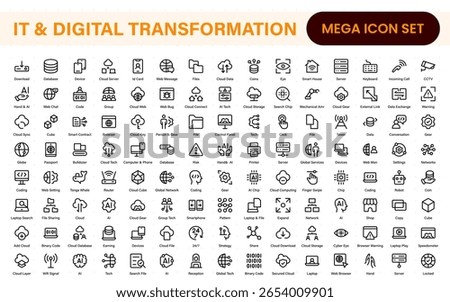 IT and Digital Transformation Icon Set. Collection of High‑Quality Information Technology Icons. Industry 4.0, Big Data, AI, and Tech Progress Symbols.