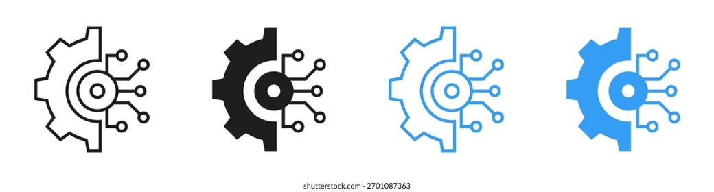Conjunto de ícones de transformação digital. Engrenagem com símbolo de placa de circuito. Estilo de linha e preenchimento. Ilustração vetorial 