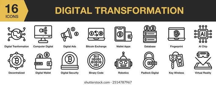 Conjunto de iconos de transformación digital. Incluye descentralizado, huellas dactilares, candado, robótica, App de billetera y más. Colección de Vector de iconos de contorno.