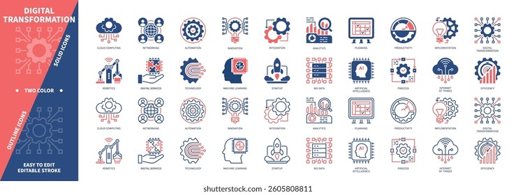 Digital Transformation icon set. Networking, Big Data, Innovation, Integration, Machine Learning, Automation, Cloud Computing, IOT. Duotone color solid and editable outline icons