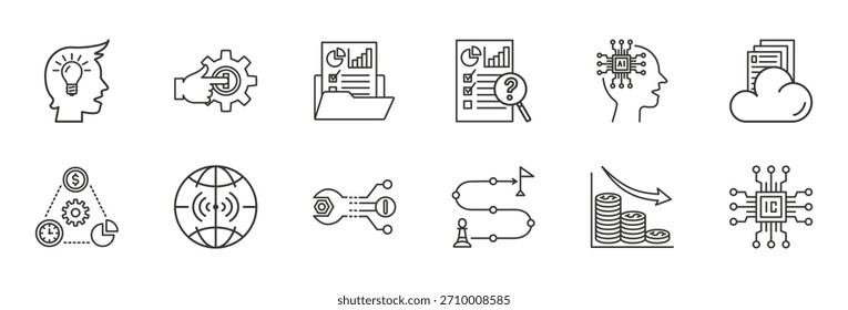 Digital Transformation Icon Set Vetor de estilo de contorno para tecnologia e comunicação. Conter inovação, automação, dados, lógica analítica, nuvem, inteligência artificial, integração, conectividade, eficiência e estratégia
