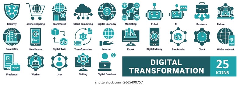 Conjunto de ícones de transformação digital. com ícone Segurança, Compras on-line, Comércio eletrônico, Computação em nuvem, Economia digital, Marketing, Robô, IA, Negócios, Futuro, Smart City, Saúde, Digital Twin