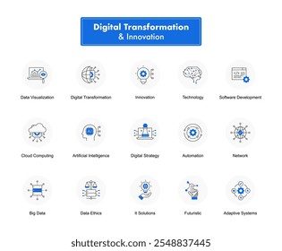 Digital Transformation Icons. Innovative Solutions for Modern Business and Technology Evolution. Digital transformation, innovation, technology icons, and more.