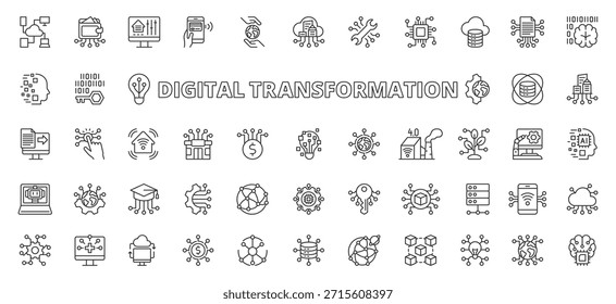 Iconos de transformación digital en diseño de línea. transformación digital, innovación, tecnología, negocios, automatización, nube sobre fondo blanco Vector. Iconos de trazo editables de transformación digital