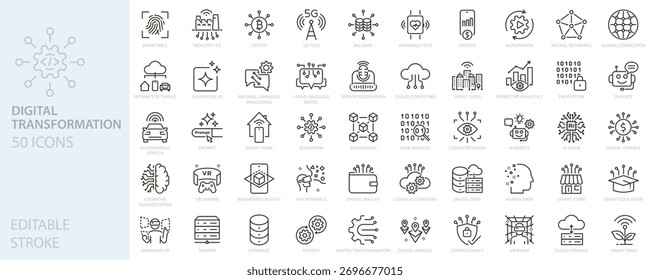 Definição de ícones de transformação digital. Inteligência artificial, dados, automação, inovação, digitalização, serviços digitais, tecnologia, computação em nuvem.Ilustrações finas de vetor de traço editável de linha.
