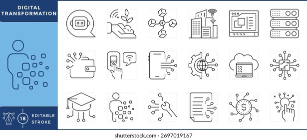 Conjunto de ícones de transformação digital. Robótica, blockchain, casa inteligente, automação, conexão, documentos, agricultura digital e muito mais. Traçado editável de vetor.