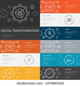digital transformation Infographic 10 line icons banners. digital services, internet, cloud computing, technology simple icons