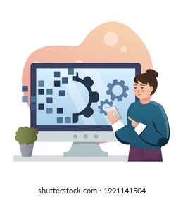 Digital Transformation. Isolated flat style colored illustration. Cloud storage, online base, marketing solution. Girl at presentation.
