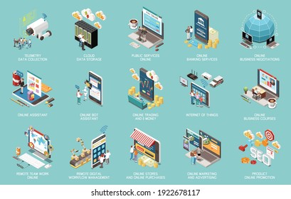 Digital transformation isometric icons set with public services remote work internet shopping 3d isolated vector illustration