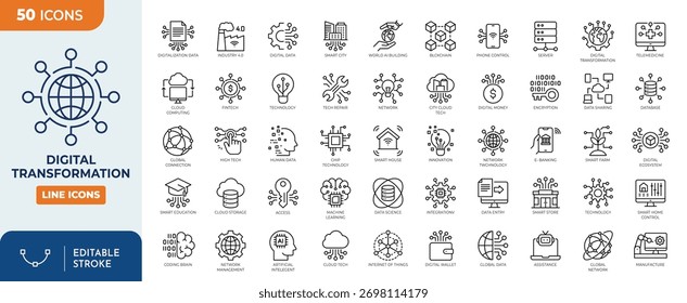 Conjunto de ícones editáveis da linha de transformação digital. Conter ícones relacionados à digitalização, serviços digitais, Internet, computação em nuvem, tecnologia e muito mais. Traçado editável, ilustração de vetor