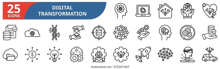 Conjunto de iconos editables de la línea de transformación digital. Contiene iconos relacionados con transformación, tecnología, innovación, automatización, nube, datos, IA, software