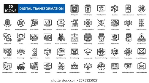 Digital Transformation line icon collection set. Includes evolution, progress, technology, transformation, digital, information, concept, innovation