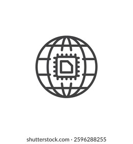Digital Transformation line icon. linear style sign for mobile concept and web design. A computer chip inside a globe outline vector icon. Adopting new technologies symbol, logo illustration