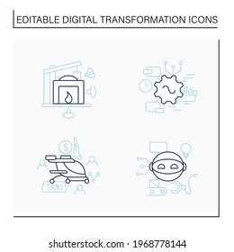 Conjunto de iconos de línea de transformación digital. Robot, taxi aéreo gratuito, software, industria 1.0. Tecnologías modernas. Digitalización.Concepto de revolución digital. Ilustraciones vectoriales aisladas. Trazo editable