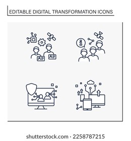 Symbole für digitale Transformationslinien gesetzt. Industrialisierung. Personalausweise, Weitergabe von Informationen. Zukunftskonzept.Digitales Transformationskonzept.Einzelne Vektorgrafik.Bearbeitbarer Strich