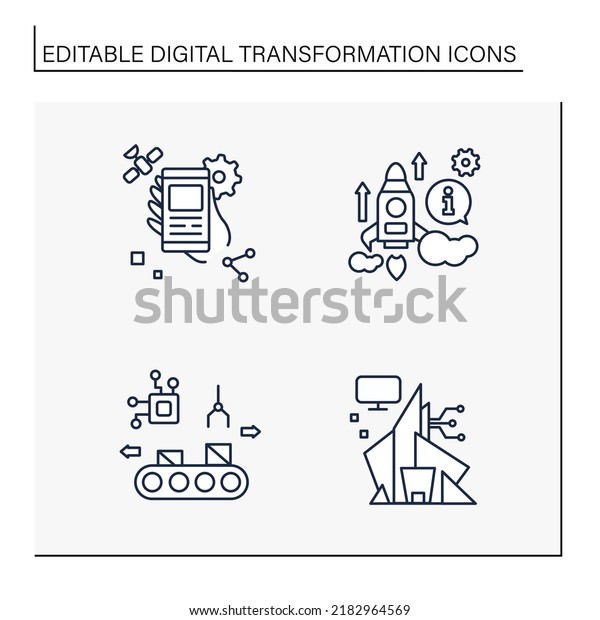Digital transformation line icons set.\
Industrialization, modern office, manufacturing. Industry 2.0.\
Future concept.Digital transformation concept.Isolated vector\
illustration.Editable\
stroke