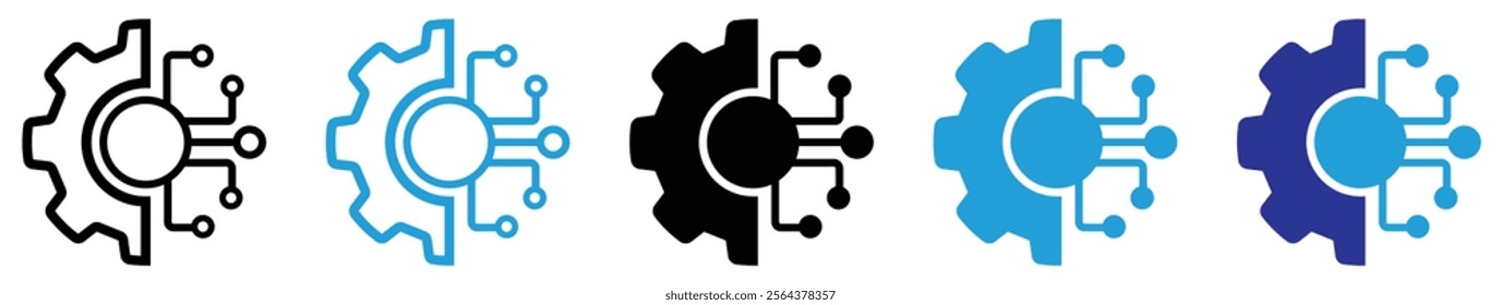 Digital Transformation line vectors in blue and black color in different styles on white background. Digital technology vector icon. Gear and circuit vector symbol. 