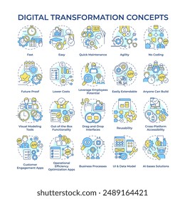 Digital transformation multi color concept icons. Implementation of digital technologies. Business process. Strategies. Icon pack. Vector images. Round shape illustrations. Abstract idea