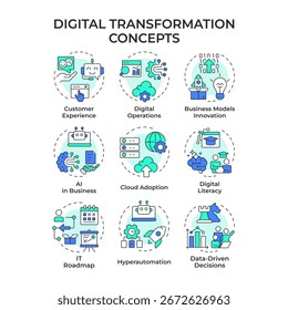 Digital transformation multi color concept icons. Business innovation, cloud technology. Icon pack. Vector images. Round shape illustrations for infographic, presentation. Abstract idea
