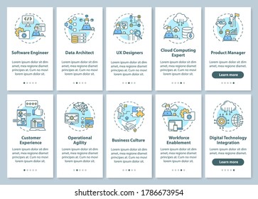 Digital transformation onboarding mobile app page screen with concepts. Technology implementation walkthrough 5 steps graphic instructions. UI vector template with RGB color illustrations