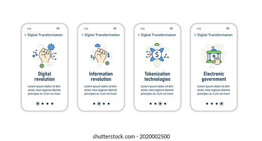 Digital transformation onboarding mobile app screens.Modern technologies. Digitalization. Future. Digital revolution steps menu. Set of UI, UX, web template with RGB color linear icons