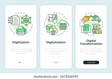 Digital transformation onboarding mobile app screen. Data management. Walkthrough 3 steps editable graphic instructions with linear concepts. UI, UX, GUI