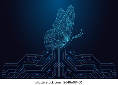 Transformação digital, evolução pessoal e autocrescimento. Borboleta de baixo brilho poli na placa de circuito abstrato. Ilustração vetorial de tecnologia futurista, inovação e metáfora de progresso.