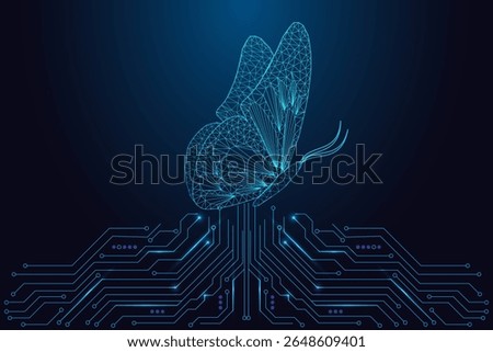 Digital transformation, personal evolution, and self-growth. Low poly glowing butterfly on abstract circuit board. Futuristic technology vector illustration, innovation and progress metaphor.