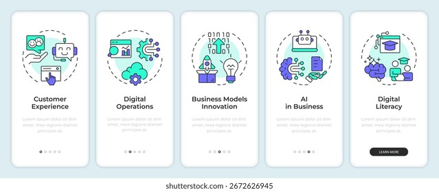 La transformación digital se basa en la incorporación de la pantalla del App móvil. Instrucciones gráficas editables de 5 pasos con conceptos lineales. UI, UX, GUI