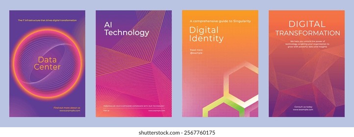 Digital transformation posters. Themes: Data Center, AI Technology, Digital Identity, Digital Transformation. Vibrant colors, modern design. Digital transformation, colorful poster template vector set