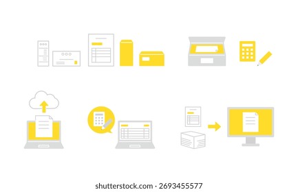 transformação digital. preparar dados eletrônicos de documentos. Conjunto de ícones de NFF e recebimento.