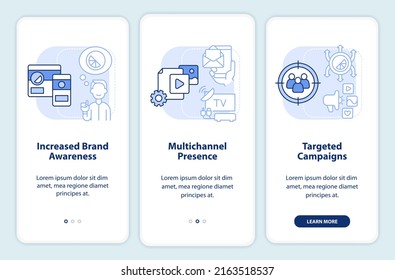 Transformación digital en pantalla de aplicación móvil azul claro. Recorrido 3 pasos páginas de instrucciones gráficas con conceptos lineales. UI, UX, plantilla GUI. Multitud de tipos de letra Pro-Bold, con uso regular