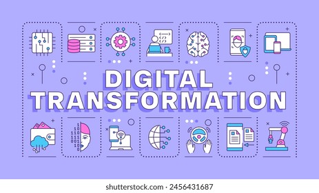 Concepto de palabra púrpura de transformación digital. Automatización de procesos empresariales. Inteligencia artificial. Anuncio tipográfico. Ilustración vectorial con texto de título, color de iconos editables