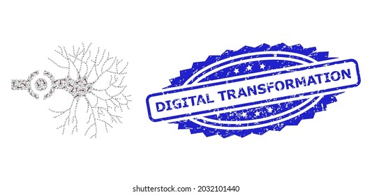 Interfaz digital de neuronas de mosaico de recursión vectorial y foca rayada de transformación digital. El sello azul incluye el título de transformación digital dentro de la roseta.